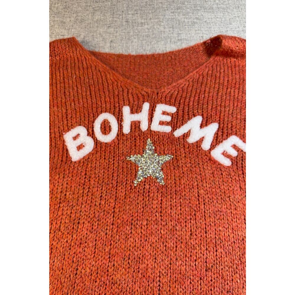Boheme Made in Italy Sweater Womens Rust Orange Rhinestone Star Oversized Knit - Picture 3 of 9